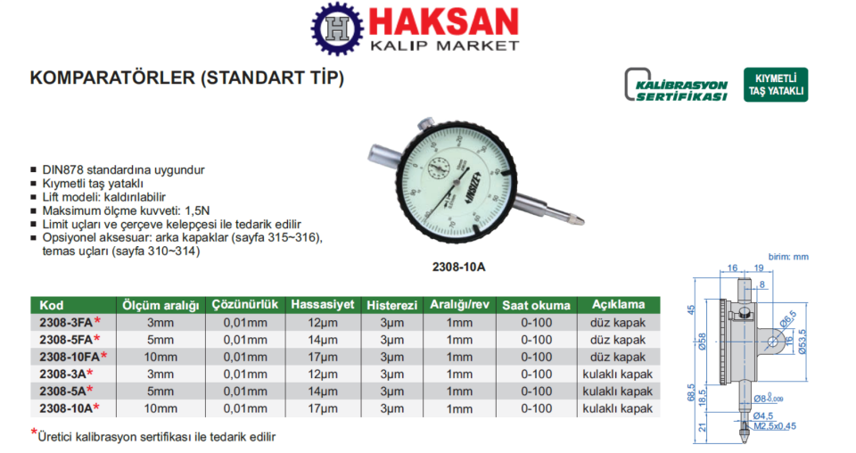 Komparatör Saati 2308 0-10 MM KOMPRETÖR SAATİ KULAKSIZ 0,01 2308-10F