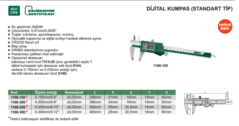 Insize 1108 Dijital Kumpas (Standart Model)