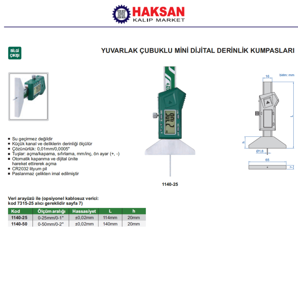 Insize 1140 Yuvarlak Derinlik Çubuklu Mini Dijital Derinlik Ölçer
