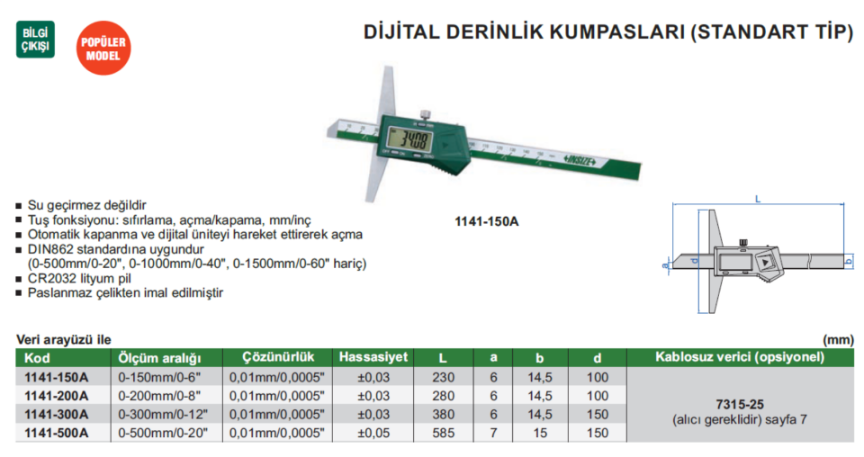 Insize 1141 Dijital Derinlik Kumpası (Standart Model)