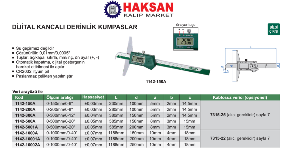 Insize 1142 Dijital Kancalı Derinlik Kumpası