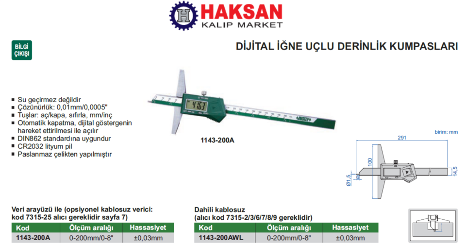 Insize 1143-200A İğne Uçlu Dijital Derinlik Kumpası