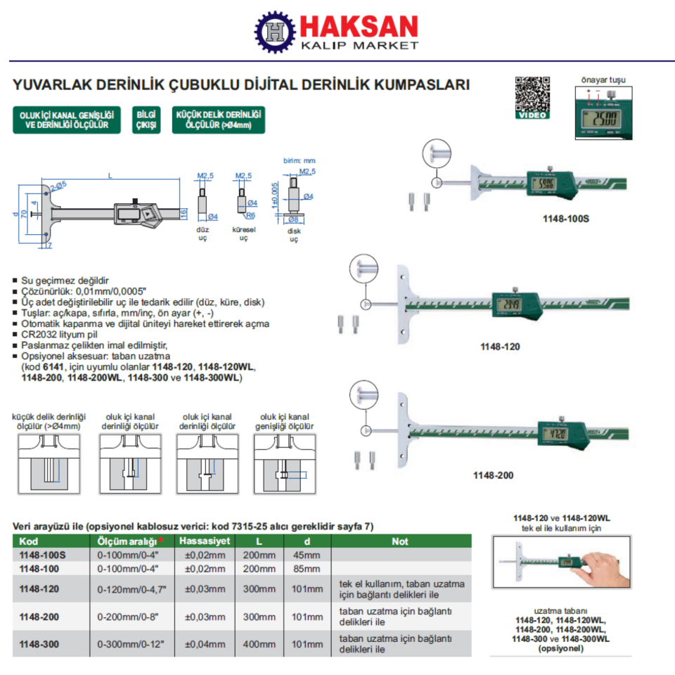 Insize 1148 Dijital Derinlik Kumpası (Yuvarlak Çubuklu)