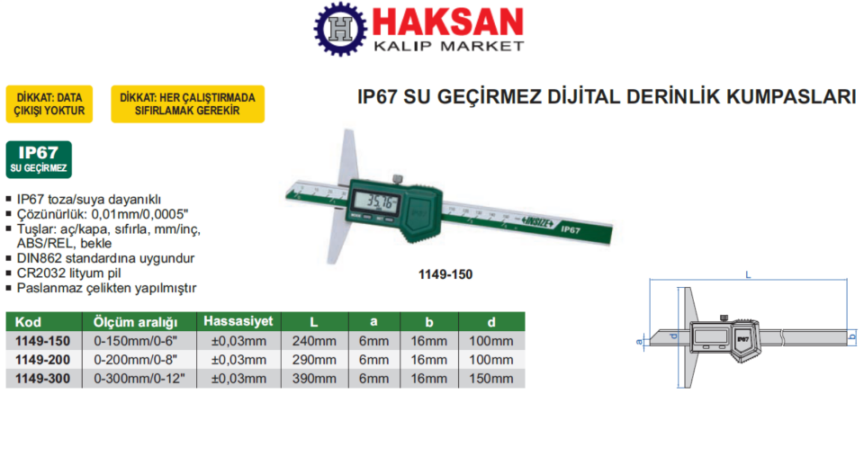 Insize 1149 Su Geçirmez Dijital Derinlik Kumpası