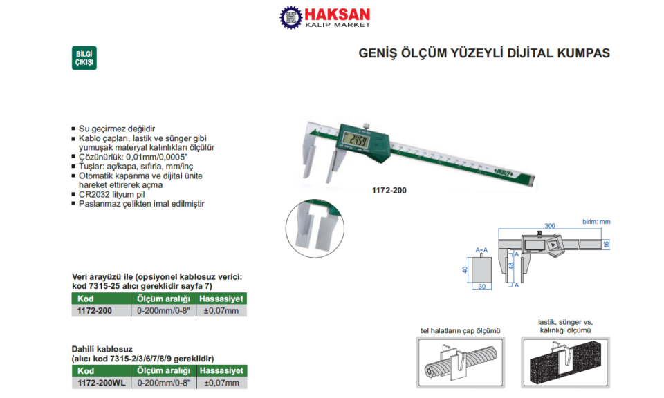 Insize 1172-200 Dijital Kumpas (Geniş Ölçüm Ağızlı)