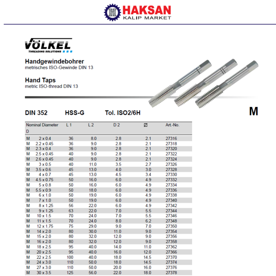 VÖLKEL NORMAL VİDALI 3'LÜ TAKIM KILAVUZ DIN352