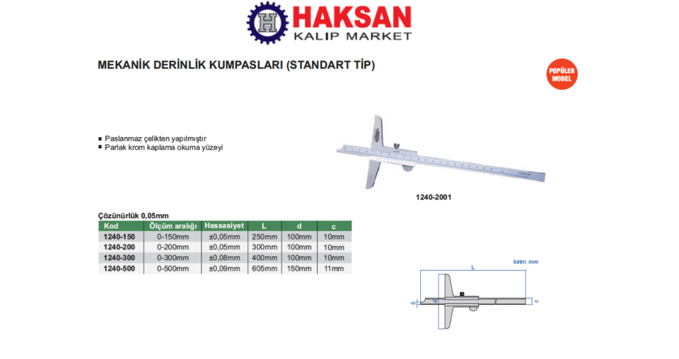 Insize 1240 Mekanik Derinlik Kumpası (Standart Model)