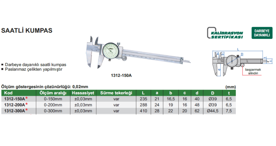 1312 Saatli Kumpas Insize 0.02mm