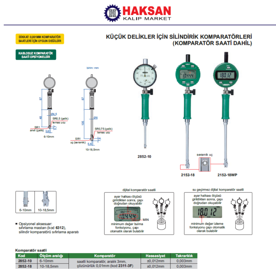 Insize 2852 Silindir Komparatörü (Küçük Delikler İçin)