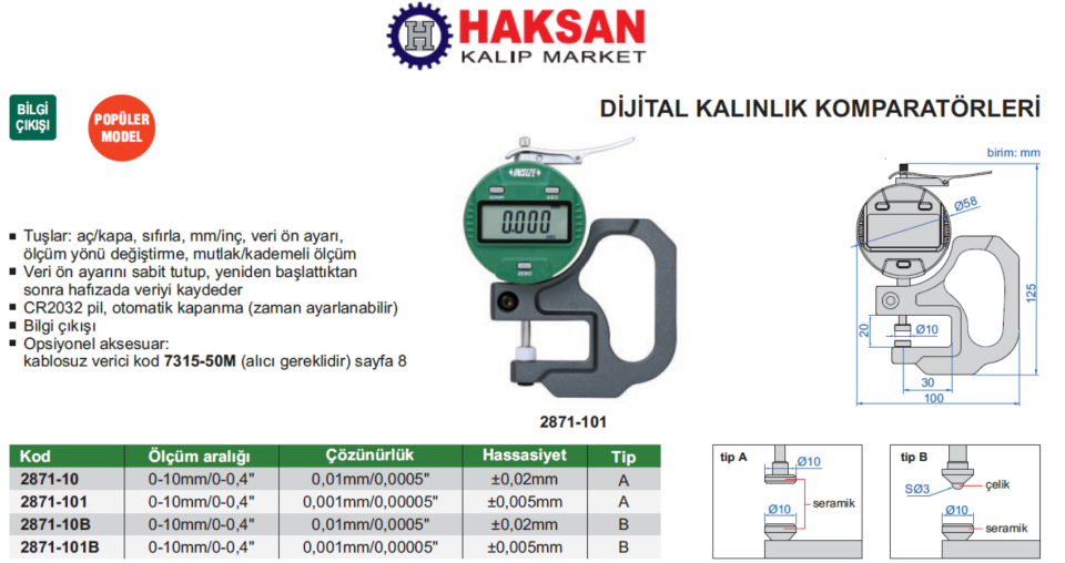 Insize 2871 Dijital Kalınlık Komparatörü