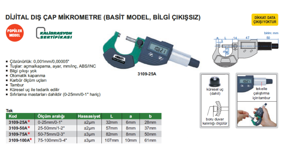 Insize 3109 Dijital Dış Çap Mikrometre