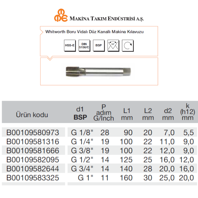 MTE GAZ DİŞ DÜZ MAKİNA KILAVUZ HSS-E G(BSP)