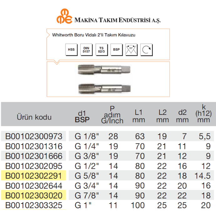 MTE GAZ DİŞ 2 Lİ TAKIM KILAVUZ HSS G(BSP)