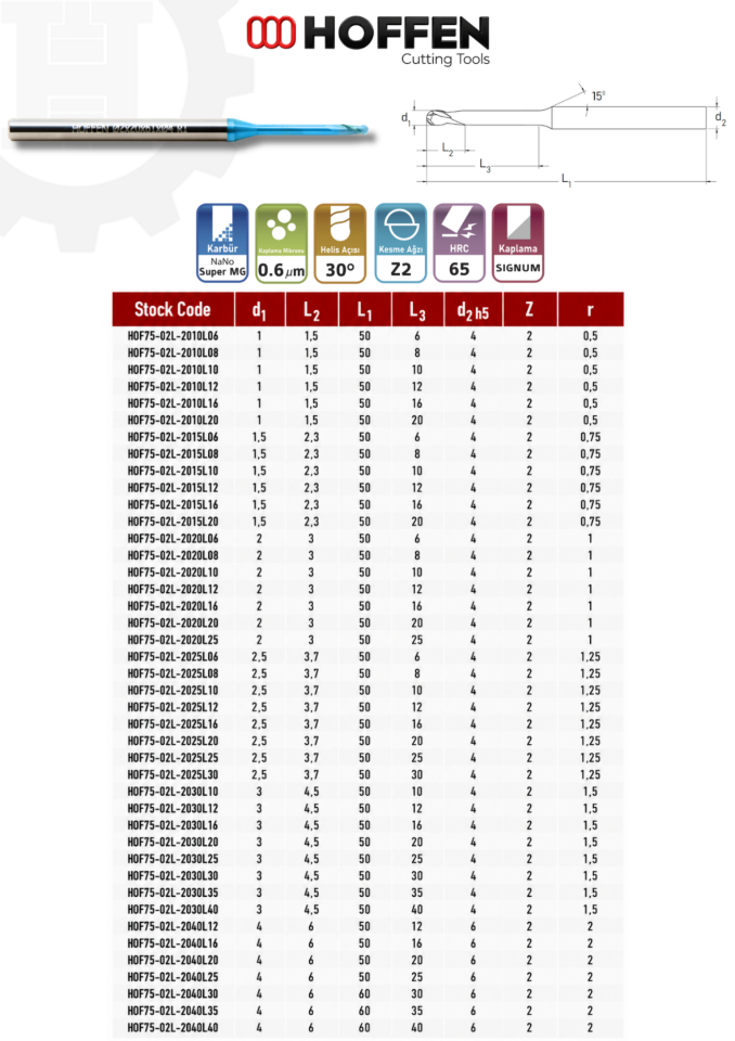 65HRC 2 AĞIZLI KÜRE DALMA BOYLU KARBÜR FREZE NANO BLUE