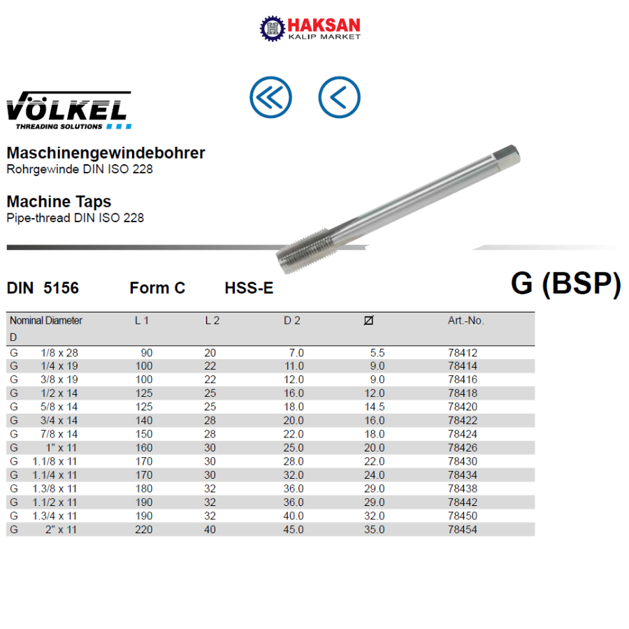 VÖLKEL GAZ DİŞ DÜZ MAKİNA KILAVUZ HSS-E G(BSP)
