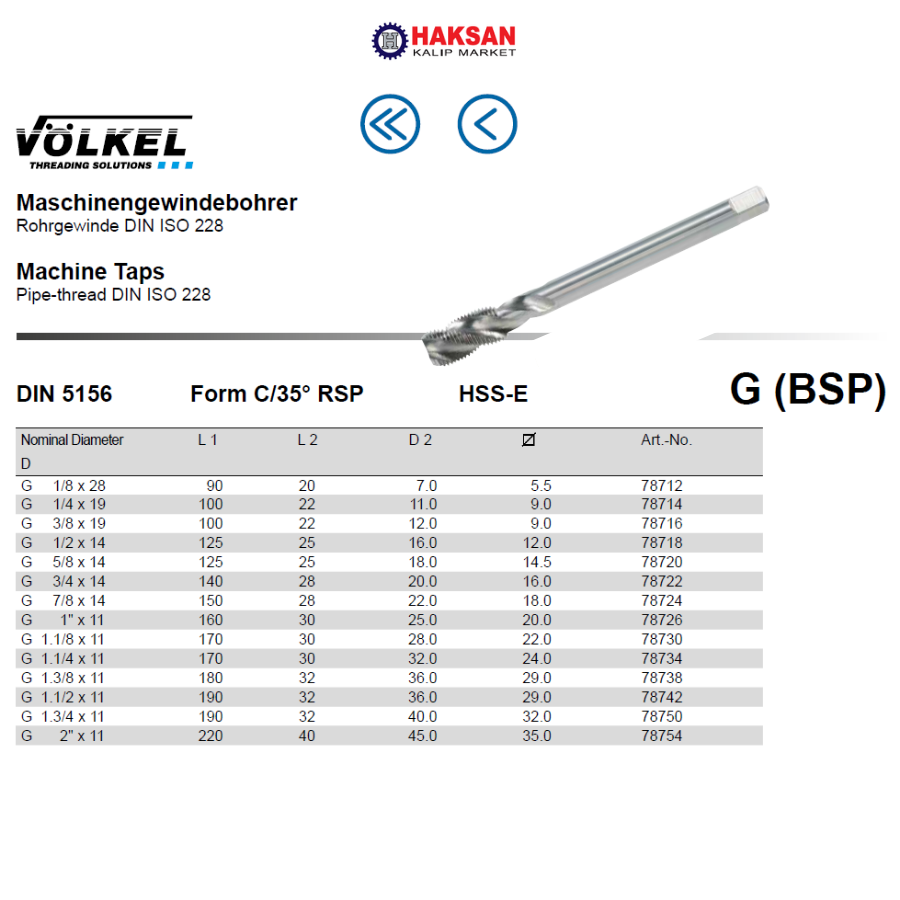 VÖLKEL GAZ DİŞ HELİS MAKİNA KILAVUZ HSS-E G(BSP)