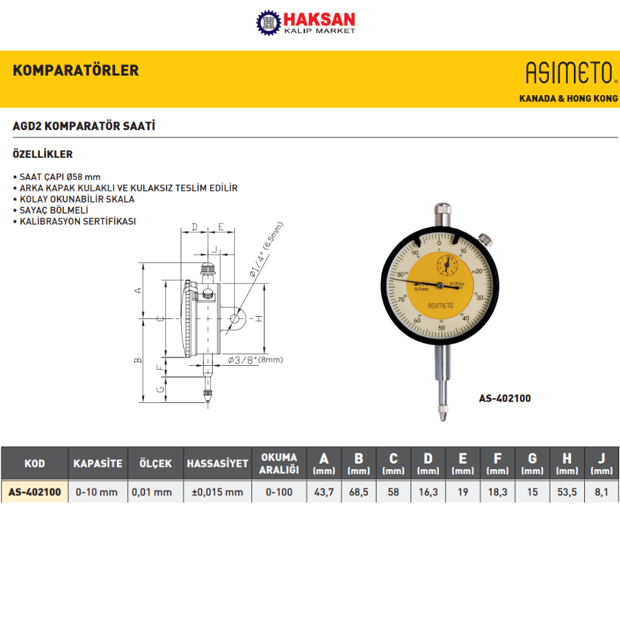 ASIMETO 0-10mmx0.01 AGD2 KOMPARATÖR SAATİ AS-402100