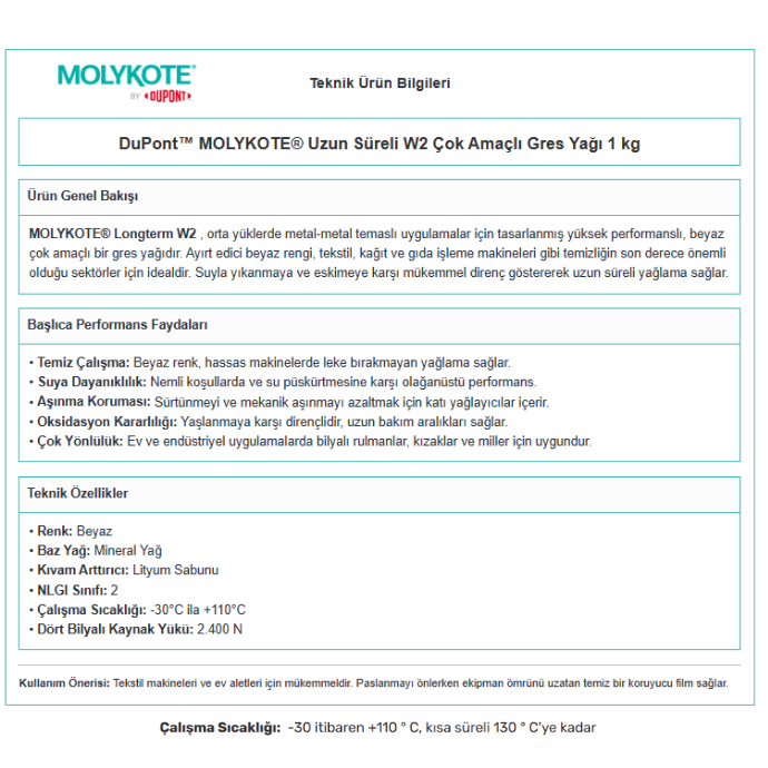 MOLYKOTE LONGTERM W2 BEYAZ GRES 1KG