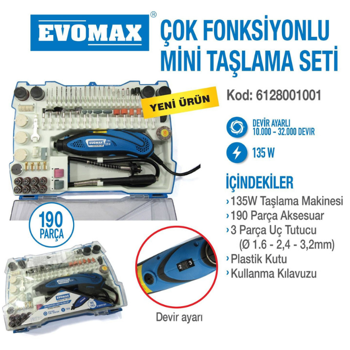 EVOMAX DM 135D MİNİ TAŞLAMA SET 190 PARÇA