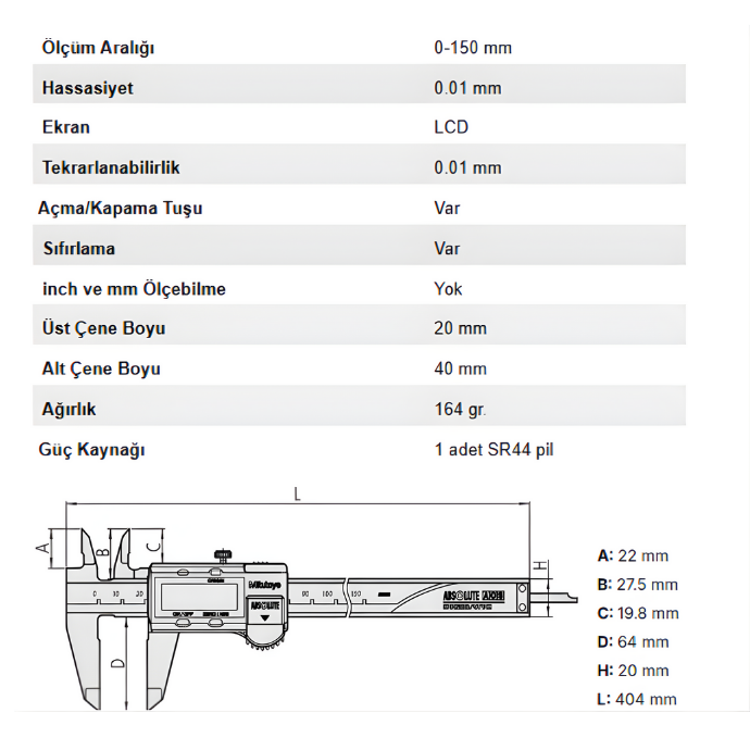 Mitutoyo Dijital Kumpas (Standart Model) 500-181-30 (0-150mm)