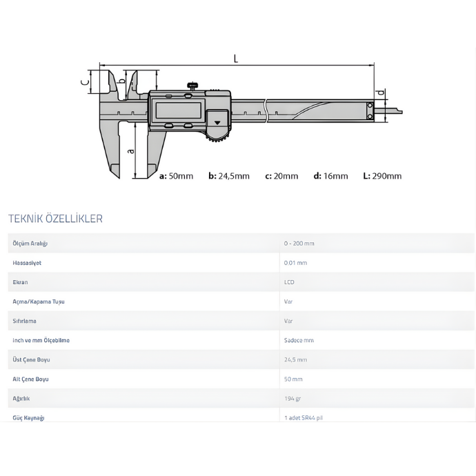 Mitutoyo Dijital Kumpas (Standart Model) 500-182-30 (0-200mm)
