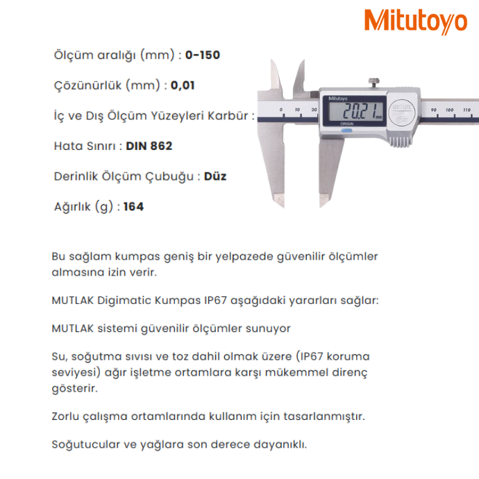 Mitutoyo Dijital Kumpas (IP67) 500-706-20 (0-150mm)