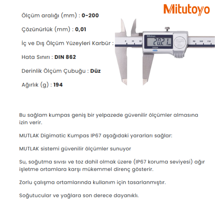 Mitutoyo Dijital Kumpas (IP67) 500-707-20 (0-200mm)