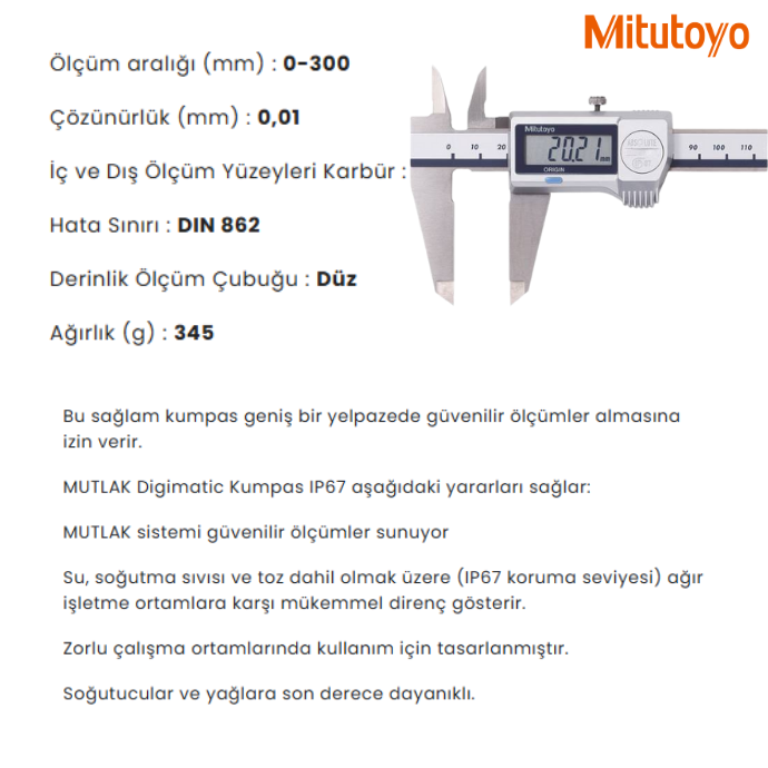 Mitutoyo Dijital Kumpas (IP67) 500-708-20 (0-300mm)