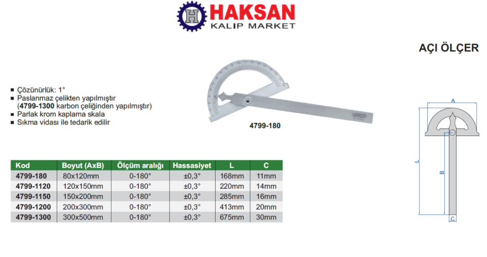 Insize 4799 Açı Ölçer 0-180° - 80x120mm