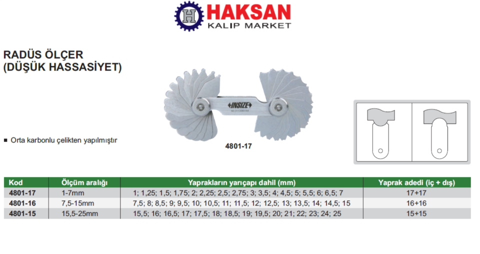 Insize 4801 Radüs Mastar 15.5-25mm