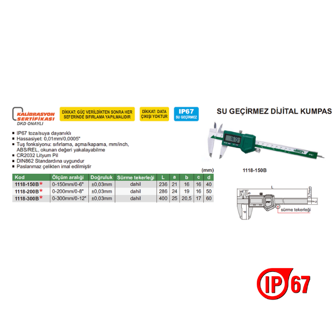 Insize 1118 Su Geçirmez Dijital Kumpas IP67