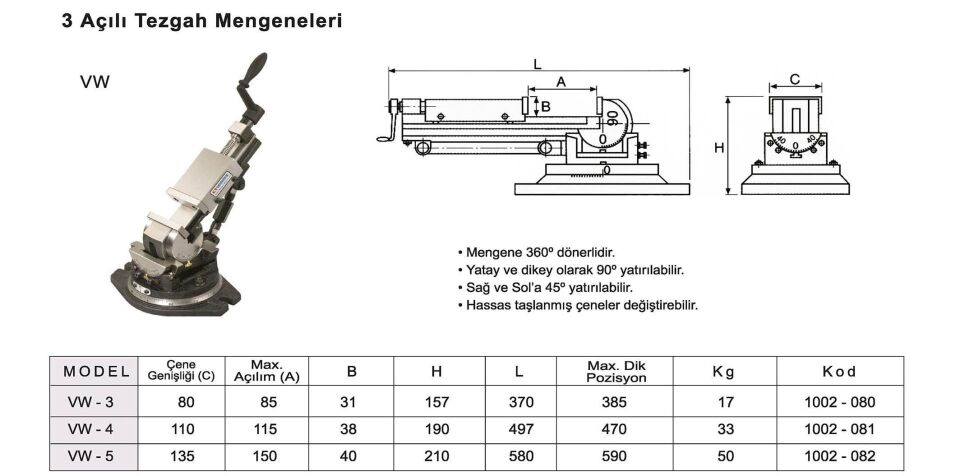 VW Serisi / 3 Açılı Mengene-Açılı Freze Mengenesi
