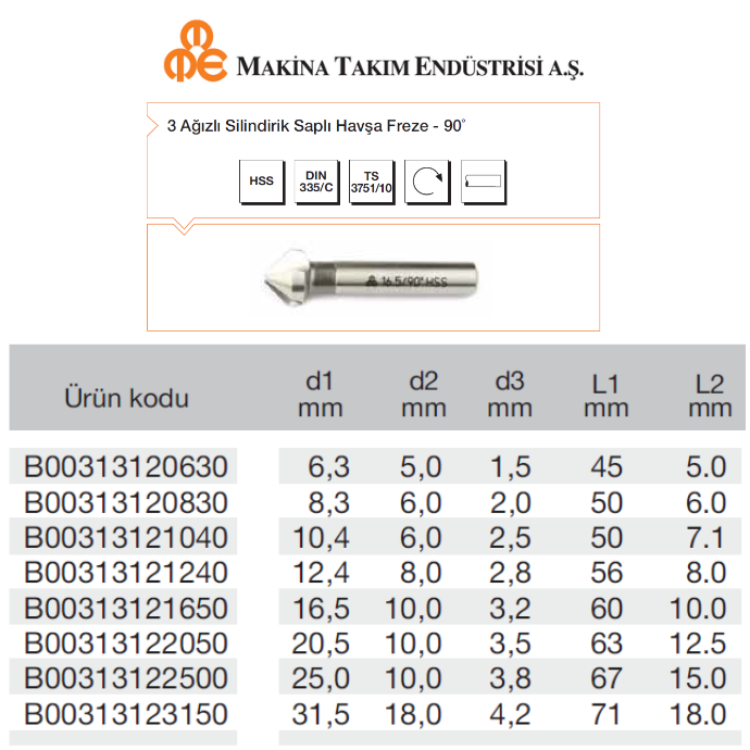 MTE HSS HAVŞA FREZE - 90˚ DERECE
