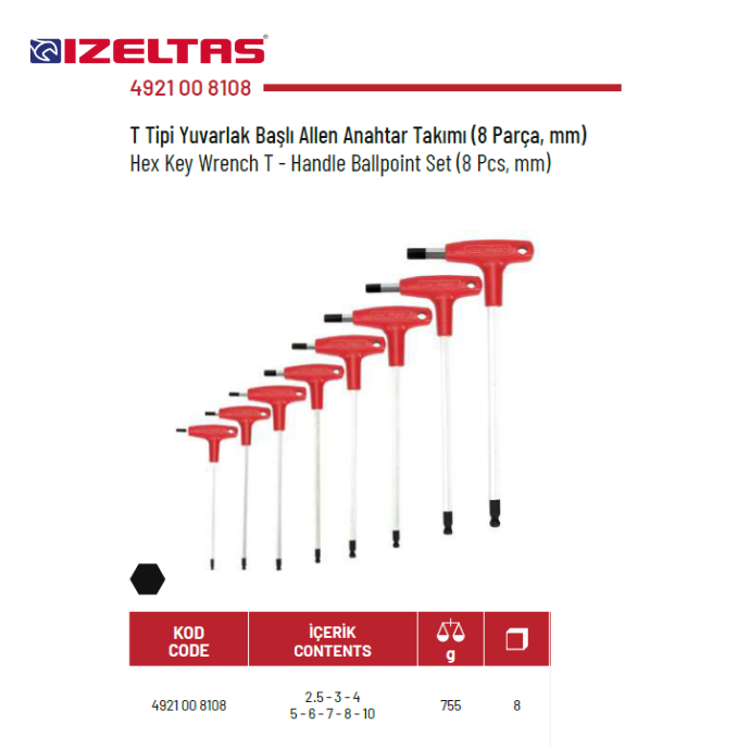 4921 T TİPİ YUVARLAK BAŞLI ALLEN ANAHTAR TAKIMI (8 PARÇA) İZELTAŞ