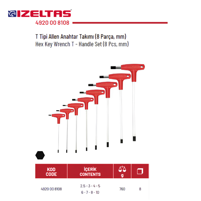 4920 T TİPİ ALLEN ANAHTAR TAKIMI (8 PARÇA) İZELTAŞ