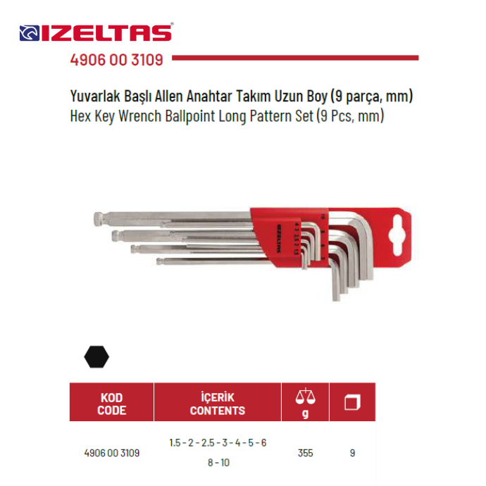 4906 YUVARLAK BAŞLI ALLEN ANAHTAR TAKIMI UZUN (9 PARÇA) İZELTAŞ