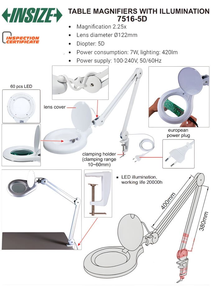 INSIZE LED AYDINLATMALI BÜYÜTEÇ 7516-5D MASA TİPİ