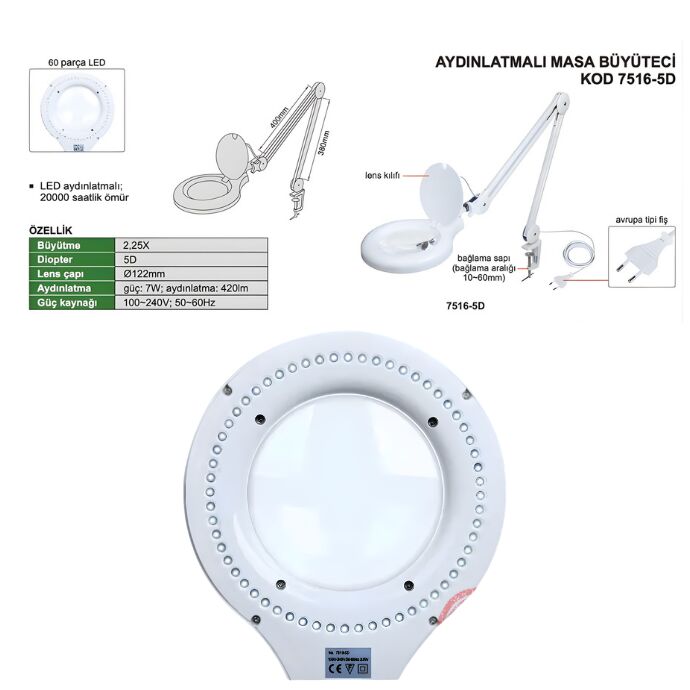 INSIZE LED AYDINLATMALI BÜYÜTEÇ 7516-5D MASA TİPİ