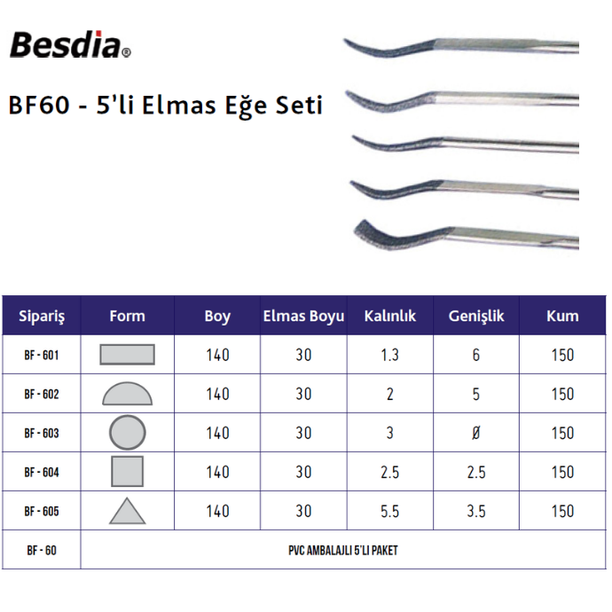 Elmas Eğe Seti  5'li Kıvrık BESDİA BF60