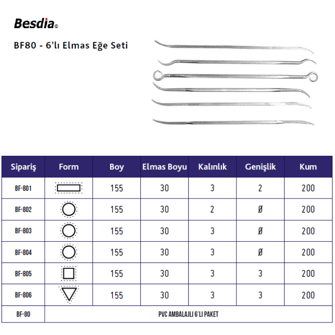 Elmas Eğe Seti  6'lı Kıvrık BESDİA BF80