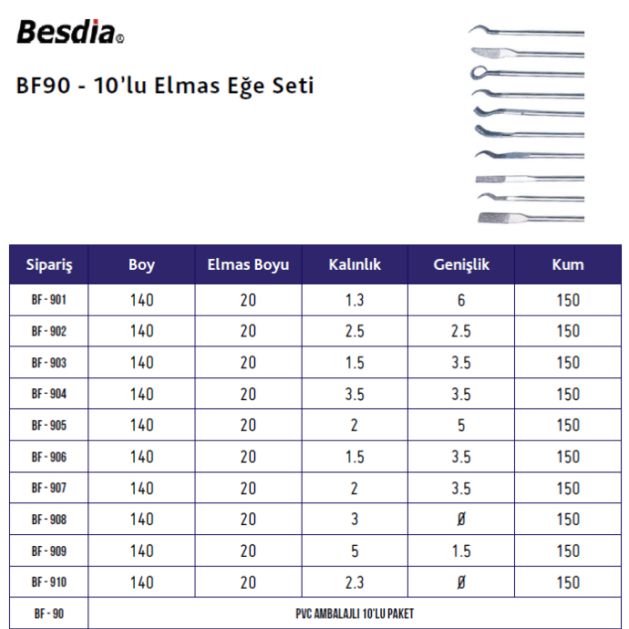 Elmas Eğe Seti 10'lu Kıvrık BESDİA BF90