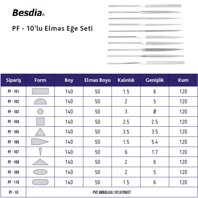 Elmas Eğe Seti 10'lu BESDİA PF10