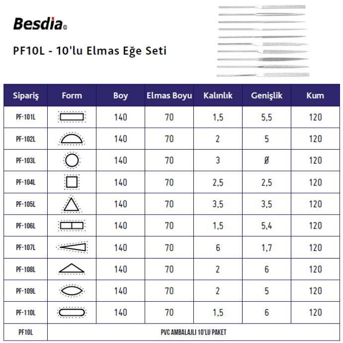 Elmas Eğe Seti 10'lu BESDİA PF10L