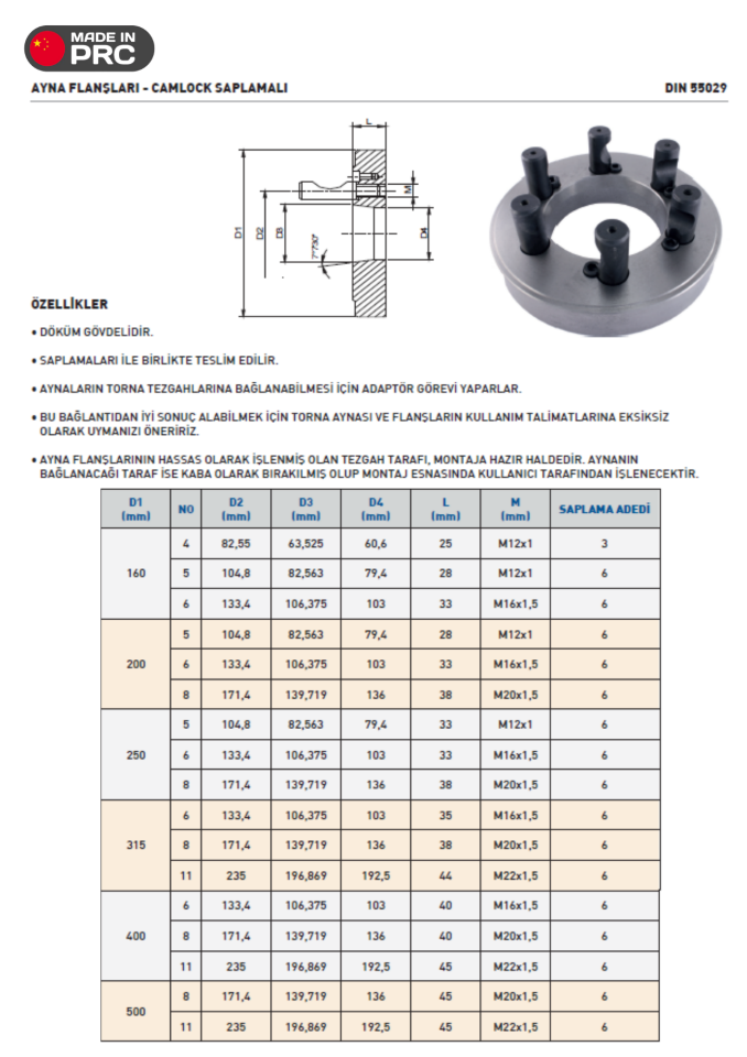 TORNA AYNA FLANŞI - CAMLOCK SAPLAMA