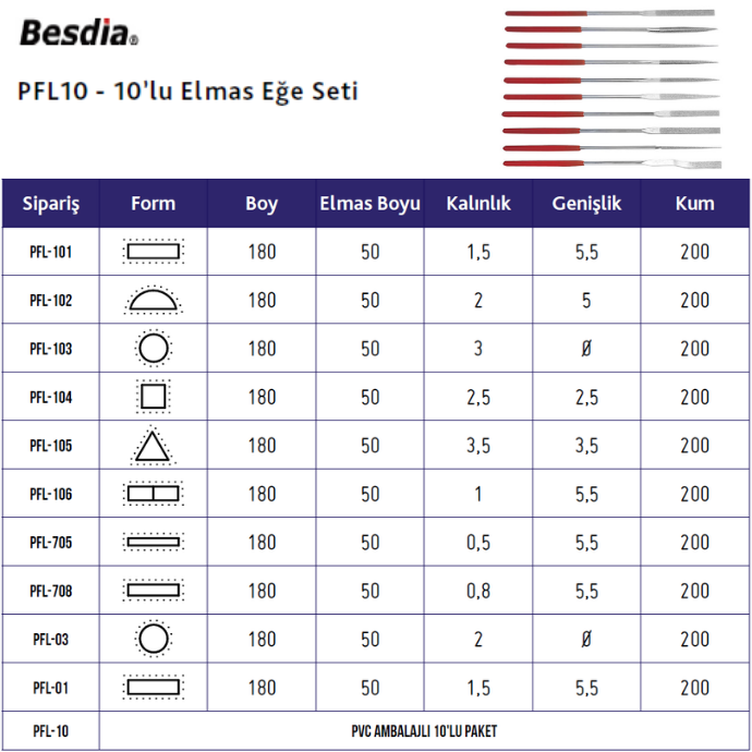 Elmas Eğe Seti 10'lu BESDİA PFL10  PVC Ambalajlı