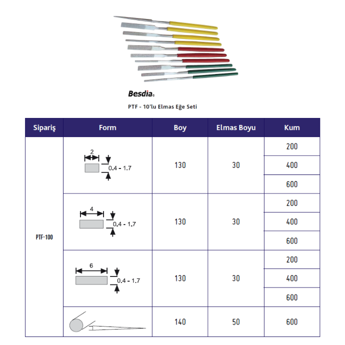 Elmas Eğe Seti 10'lu BESDİA PTF100
