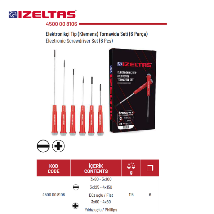 4500 ELEKTRONİKÇİ TİP KLEMENS TORNAVİDA SET 6 PARÇA İZELTAŞ