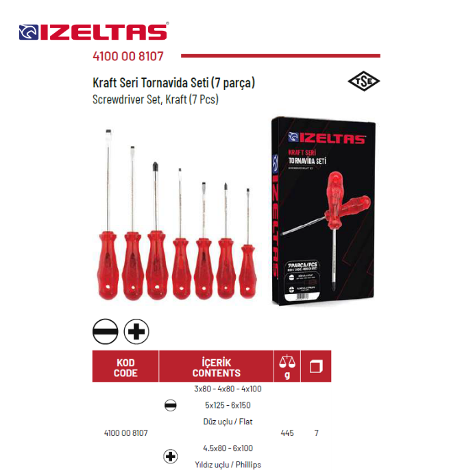 4100 KRAFT SERİ TORNAVİDA SETİ 7 PARÇA DÜZ-YILDIZ İZELTAŞ