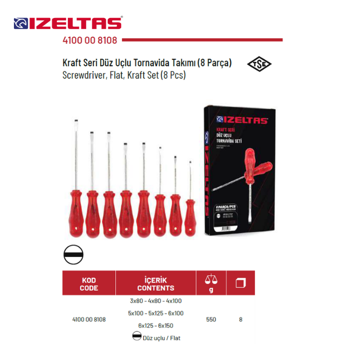 4100 KRAFT SERİ DÜZ UÇLU TORNAVİDA TAKIMI 8 PARÇA İZELTAŞ