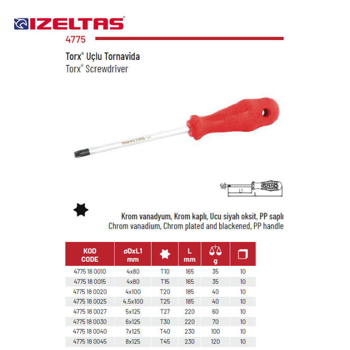 4775 TORX UÇLU TORNAVİDA İZELTAŞ